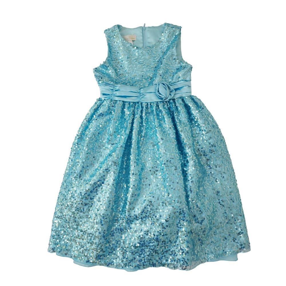 American Princess Girls Blue Sequin Formal Party Dress Size 12 Rosette Bow